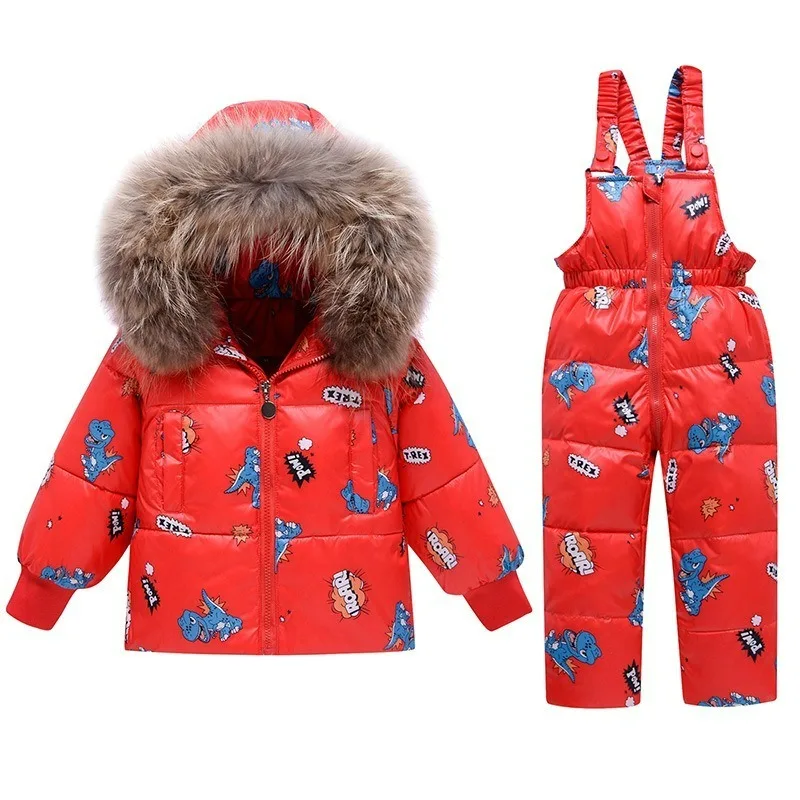 

Baby Girls Boys Snowsuit,Two Piece Infant Winter Coat Warm Fur Trim Hooded Cute Dinosaur Puffer Down Jacket + Ski Bib Pants