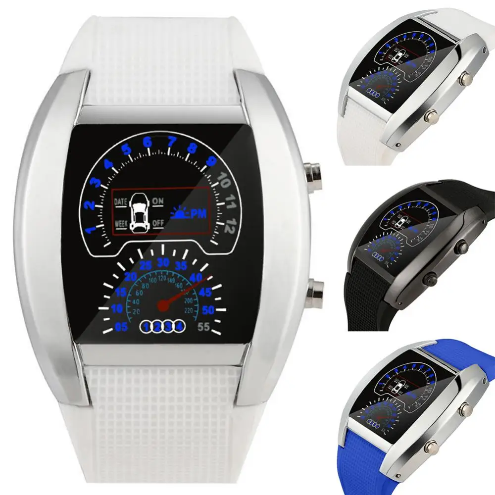 

Fashion Men LED Digital Watch Aviation Pilot Speedometer Electronic Sport Clock Car Meter Dial Wrist Watch Rubber Band Wristwatc