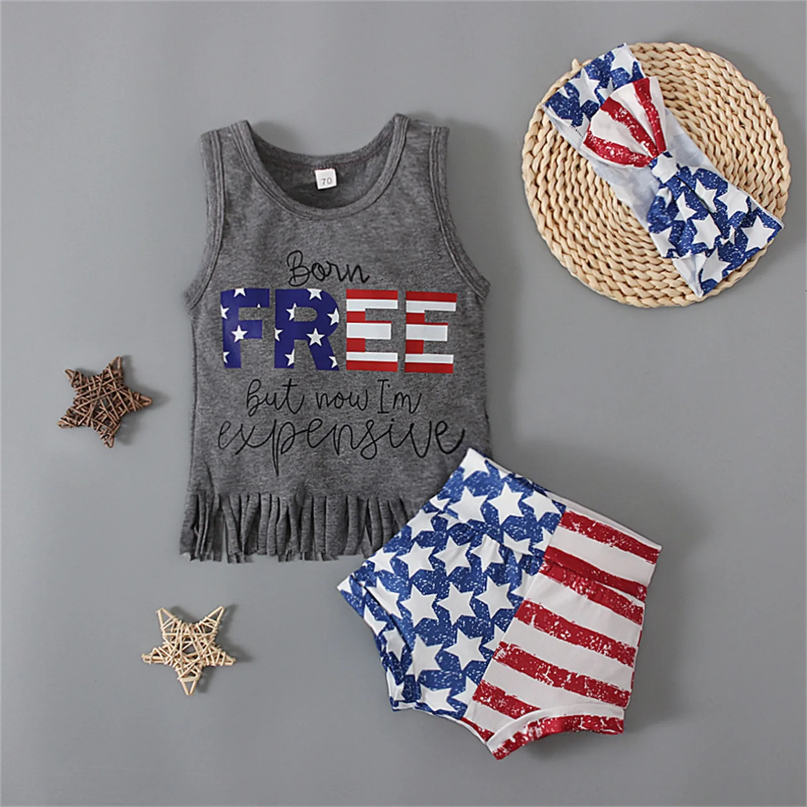 

0-24 Months Toddler Kids Girls Clothes Independence Day Tassel Sleeveless T Shirt Tops+Shorts PP Pants Hairband 3pcs Outfits Set