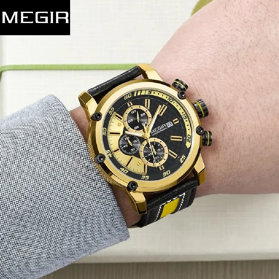 

MEGIR Original New Casual Chronograph Sport Men Luxury Quartz Watches Clock Army Military Gold Wristwatch Hour Relogio Masculino