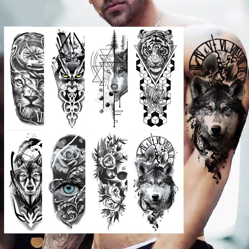 

Маленькая водостойкая Временная тату-наклейка на всю руку, голова волка, тигра, цветок, тату, боди-арт, наклейка на руку для мужчин и женщин