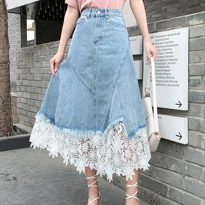 

Женская длинная джинсовая юбка, универсальная плиссированная кружевная юбка миди составного кроя с высокой талией, облегающая трапециевидная юбка в уличном стиле, лето 2023