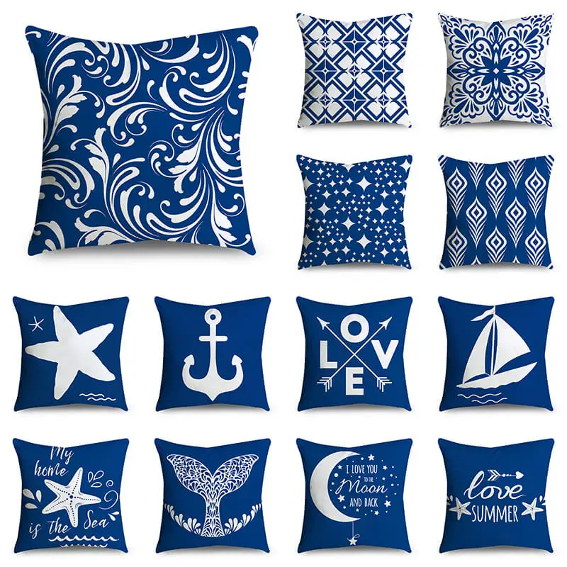 

45*45cm Boho Blue Ocean Cushion Cover Nautical Anchor Rudder Pillowcase