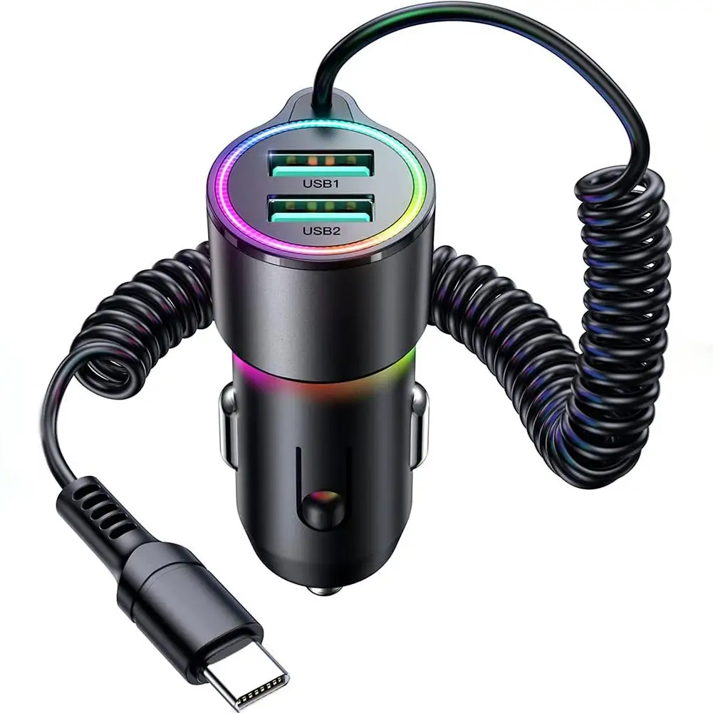 3-in-1 Car Charger Dual Usb A Port Type C Port 3-port Output 3.4a Charger Adapter With Spring Cable Led Light
3-in-1 Car Charger Dual Usb A Port Type C Port 3-port Output 3.4a Charger Adapter With Spring Cable Led Light