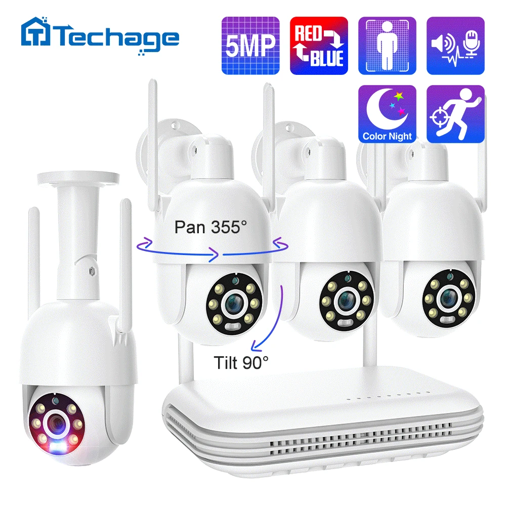 

Techage 4CH 5MP PTZ WiFi Camera System Humanoid Auto Tracking Two-way Audio Record Smart AI Mini Wireless Video Surveillance Set