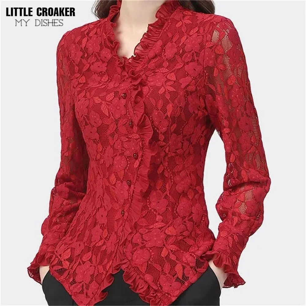Design Shirt 2022 Spring Autumn New Lace Shirt Tops Women's V-Neck Long-Sleeved Foreign Temperament Red Shirt Is Thin Blousers
Design Shirt 2022 Spring Autumn New Lace Shirt Tops Women's V-Neck Long-Sleeved Foreign Temperament Red Shirt Is Thin Blousers