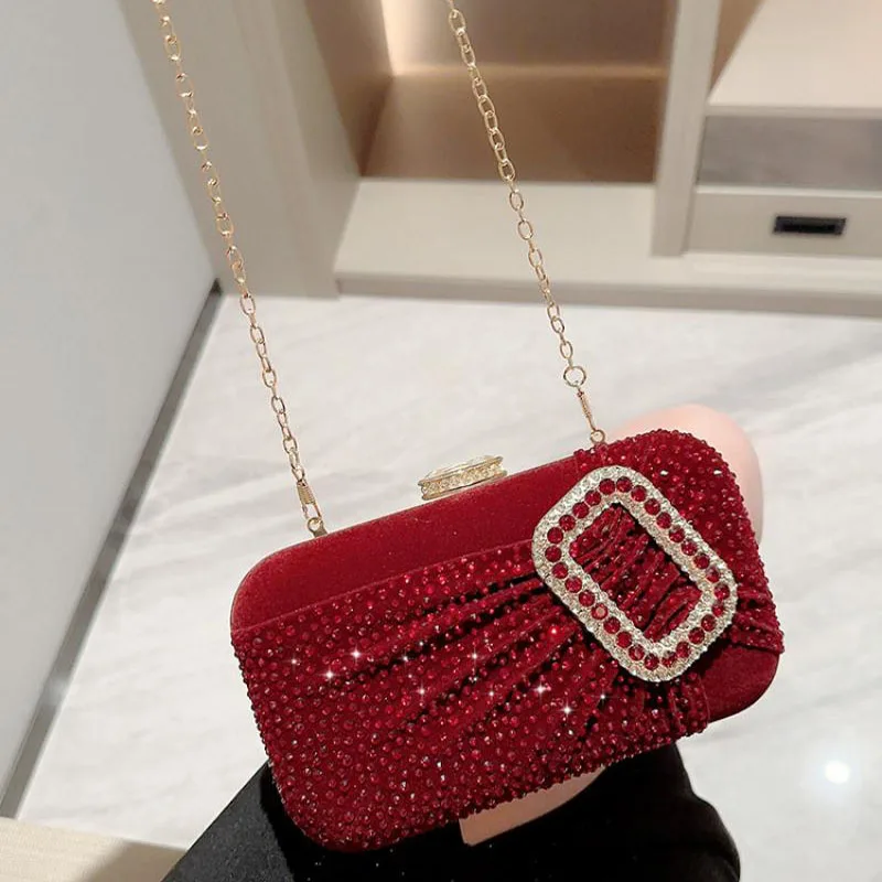 

Rhinestone Clutch Handbag Elegant Velour Women Evening Dress Bags Diamond Crystal Beads Wedding Brides Purses Metal Chain Clutch