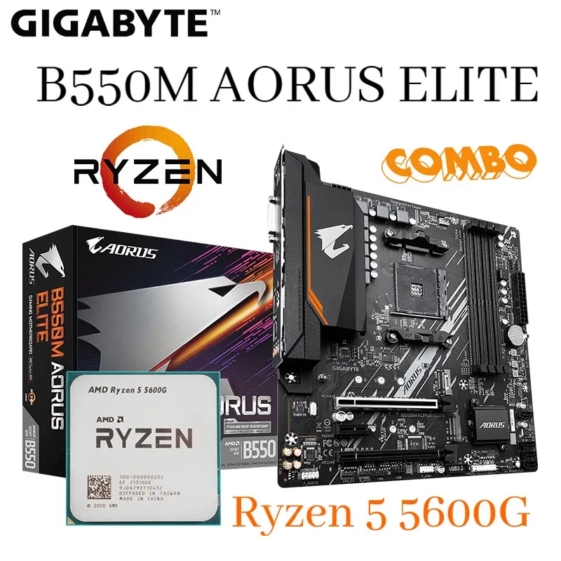 

GIGABYTE B550M AORUS ELITE Motherboard AMD B550 Socket AM4 DDR4 + AMD Ryzen 5 5600G CPU 128GB PCI-E 4.0 M.2 Set Combo Mainboard