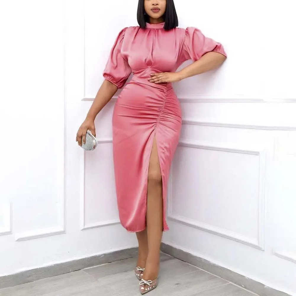 Элегантное офисное женское платье с круглым вырезом, коротким рукавом и разрезом спереди, до середины икры, модное роскошное платье для ужина в день рождения 
Элегантное офисное женское платье с круглым вырезом, коротким рукавом и разрезом спереди, до середины икры, модное роскошное платье для ужина в день рождения