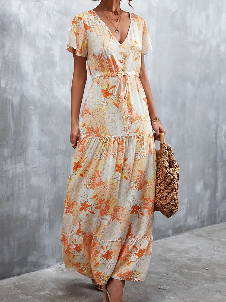 Retro Boho Belt Loose Ruffle Dresses Elegant Short Sleeve V Neck Long Maxi Dress Spring Playful Floral Print Summer Beach Dress
Retro Boho Belt Loose Ruffle Dresses Elegant Short Sleeve V Neck Long Maxi Dress Spring Playful Floral Print Summer Beach Dress