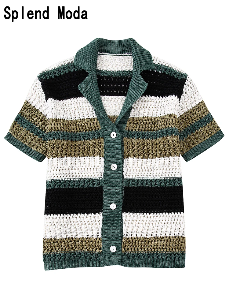 2023 Women Spring Fashion Striped Cardigan Knitted Sweater Vintage Lapel Collar Short Sleeve Female Casual Outerwear Chic Tops
2023 Women Spring Fashion Striped Cardigan Knitted Sweater Vintage Lapel Collar Short Sleeve Female Casual Outerwear Chic Tops