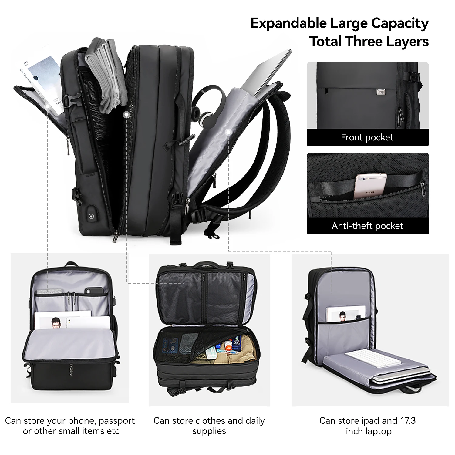 Мужской рюкзак Mark Ryden расширяемый подходит для ноутбука 17 дюймов с USB зарядкой