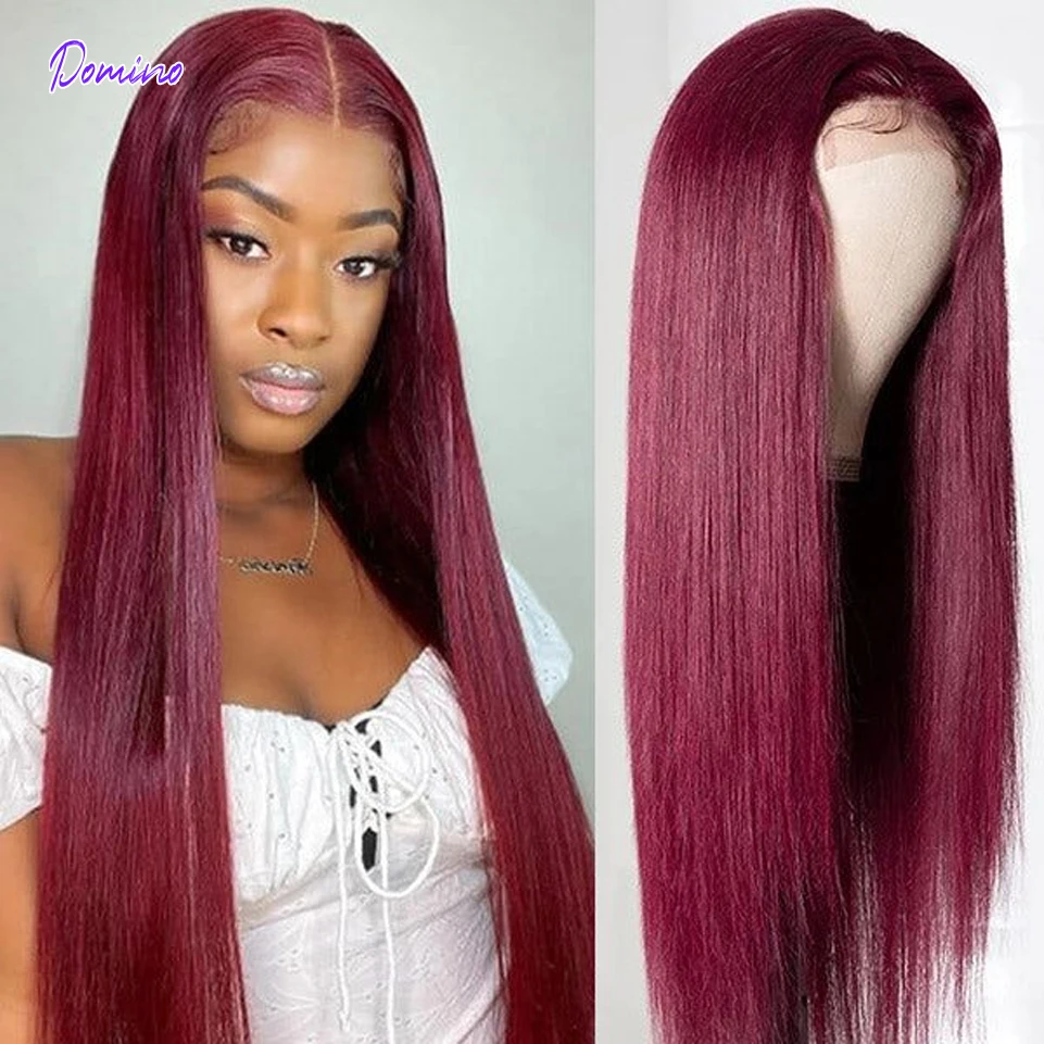 

99J Straight Hair Lace Front Human Hair Wigs With Natural Hairline T-part Lace Frontal Wigs Red Burgundy Pre-Plucked Remy Wigs