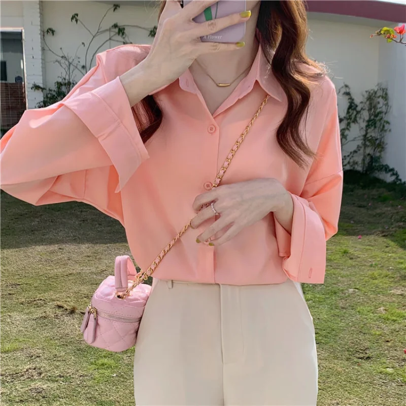 

Pink Button Up Shirt Solid Color Basics Fashion Elegant Shirts for Women Long Sleeve Casual Lazy Style 2022 Fall Clothing