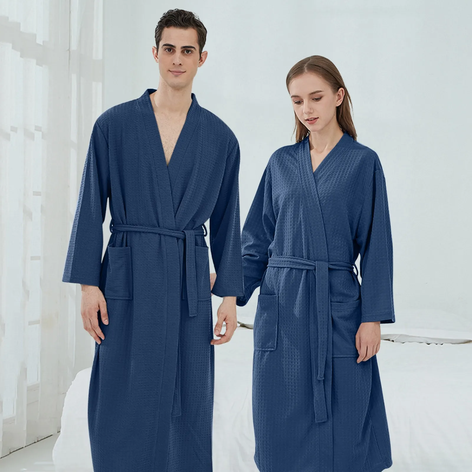 

New Version Lovers Waffle Bathrobes Pajamas Men Women Suck Water Kimono Nightgowns Plus Size Spa Bath Robe XXXL