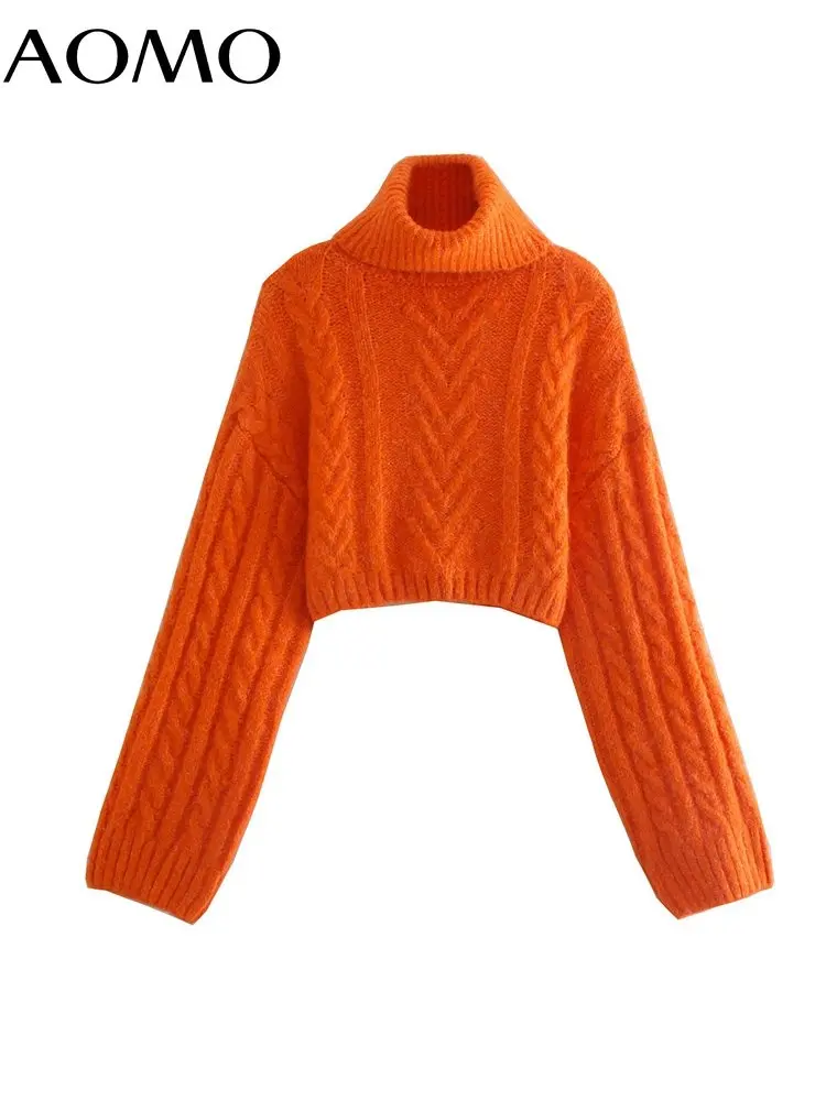 

AOMO 2022 Autumn Winter Chic Women Orange Twist Turtleneck Sweater Vintage Ladies Sweet Knitted Jumper AB110A