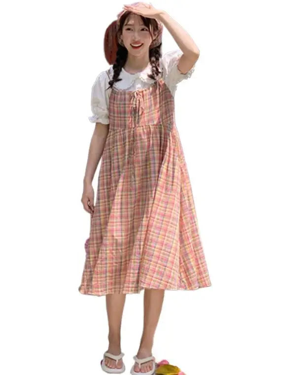 Summer Cotton New Girlish Round Neck Sweet Vintage Plaid Sling Long Dress Loose Waist Seaside Vacation Style Mid-Calf Vestidos
Summer Cotton New Girlish Round Neck Sweet Vintage Plaid Sling Long Dress Loose Waist Seaside Vacation Style Mid-Calf Vestidos