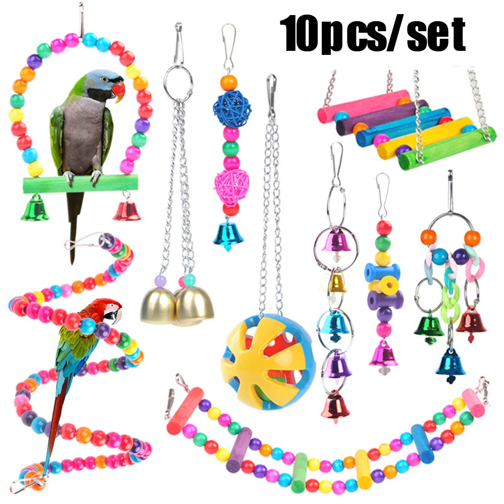 

Combination Bird Toys Set Parakeet Chewing Training Toy Small Parrot Hanging Swing Hammock Parrot Cage Bells Perch Ladder Toy