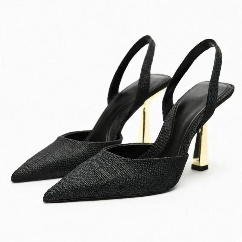 

Сандалии TRAF женские на высоком каблуке, шикарные элегантные босоножки с острым носком и ремешком на пятке, офисные туфли-лодочки, кожаные туфли на шпильке, цвет черный, лето