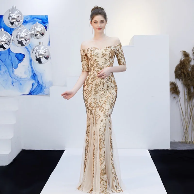 Banquet evening dress elegant champagne one shoulder fishtail long annual meeting dress women
Banquet evening dress elegant champagne one shoulder fishtail long annual meeting dress women