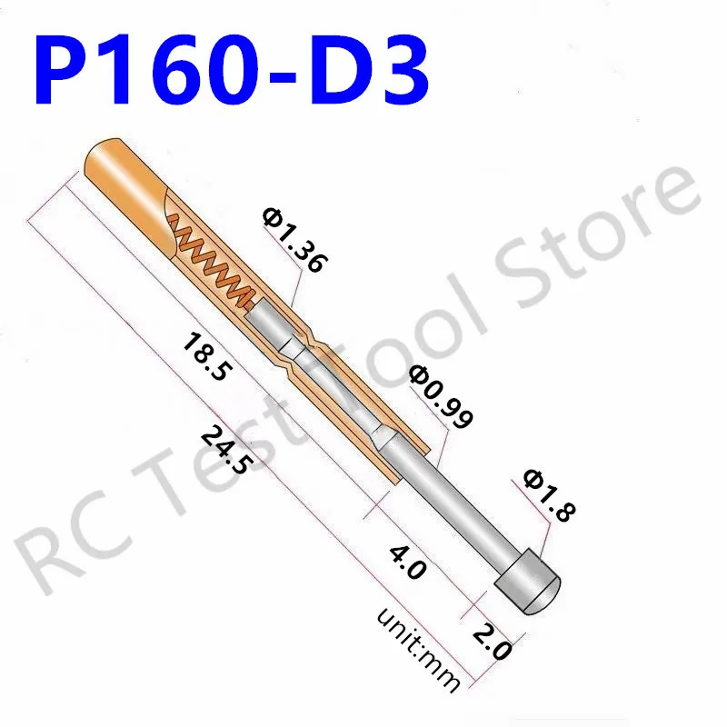 

100PCS P160-D3 Spring Test Probe P160-D Metal Brass Test Pin Test Probe Sleeve Length 24.5mm Spring Probe Pogo Pin