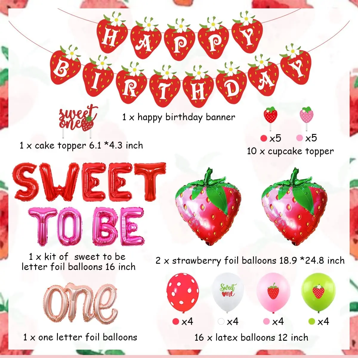 

Funmemoir Strawberry Theme 1st Birthday Party Decorations Sweet To Be One Foil Balloons Birthday Banner Sweet One Cake Toppers