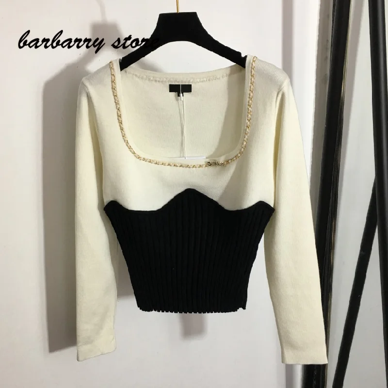 summer new luxury design Nail Drill letter hardware chain edge color matching sweater fashion slim women's top woman sweaters
summer new luxury design Nail Drill letter hardware chain edge color matching sweater fashion slim women's top woman sweaters