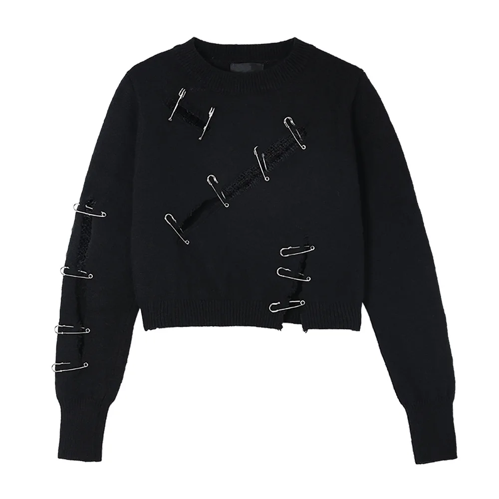 Autumn Ladies New Round Neck Long Sleeve Personalized Ripped Pin Decorative Knit Sweater
Autumn Ladies New Round Neck Long Sleeve Personalized Ripped Pin Decorative Knit Sweater