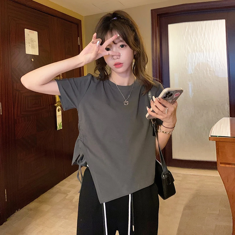 Cotton short sleeved T-shirt summer Korean 2022 new irregular slim slim slim pleated short Spicy Girl Top Women
Cotton short sleeved T-shirt summer Korean 2022 new irregular slim slim slim pleated short Spicy Girl Top Women