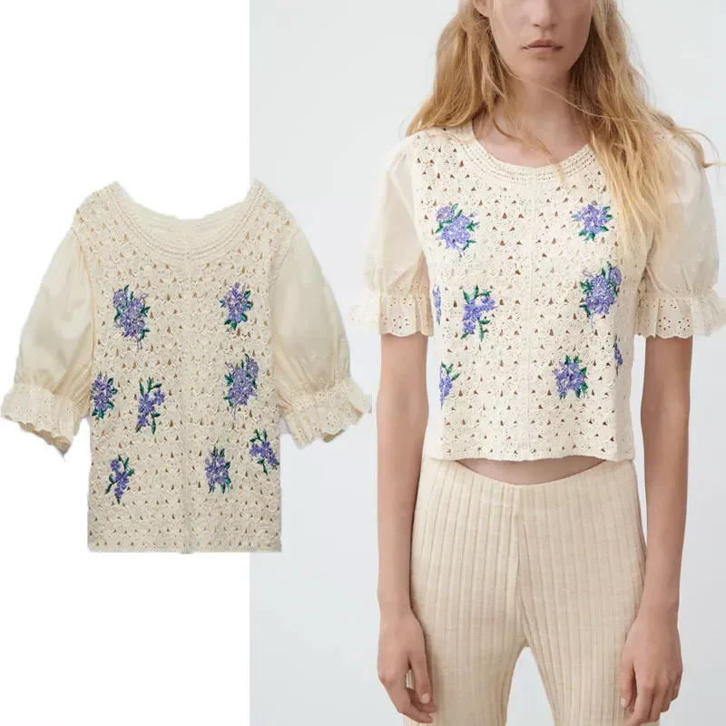 Mixed Cropped Embroidered Tops Woman Short Puff Sleeve Cutwork Knit Blouse Female Fashion Autumn Embroidery Blouses
Mixed Cropped Embroidered Tops Woman Short Puff Sleeve Cutwork Knit Blouse Female Fashion Autumn Embroidery Blouses