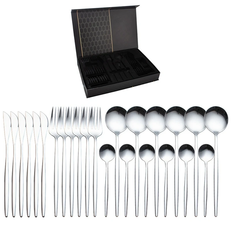 24Pcs/Set Stainless Steel Dinnerware Dinner Knife Forks Coffee Spoon Cutlery Set Kitchen Tableware Silverware Set
24Pcs/Set Stainless Steel Dinnerware Dinner Knife Forks Coffee Spoon Cutlery Set Kitchen Tableware Silverware Set