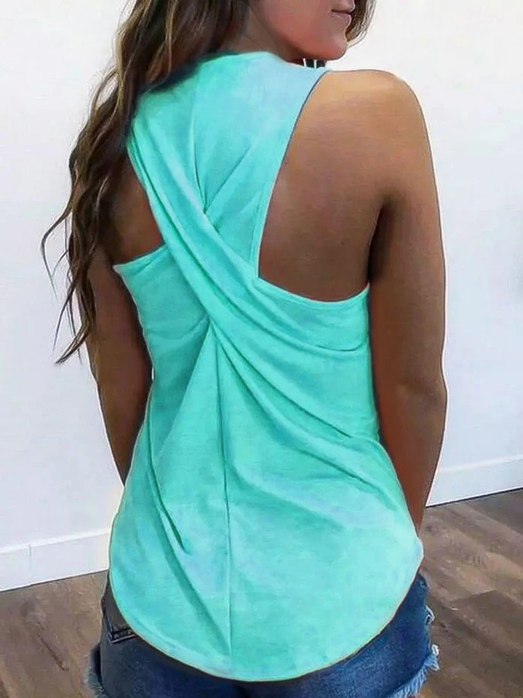 

Women's Fashion Back Detail Tank Top Casual Backless Tanks Loose Twist Back Tunic Tops Tee Solid Sleeveless Shirt 2023 Summer