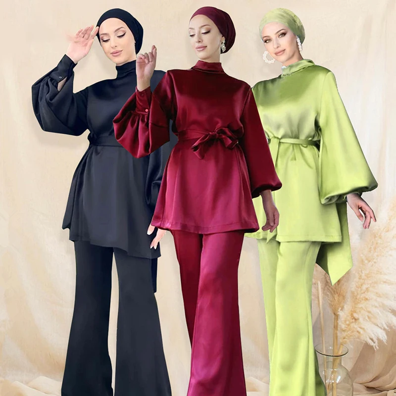 2023 New Satin Muslim Sets for Women Elegant Lace Up Modest Clothing Female Solid Color Turkey Dress Tops Pants Pockets Suit
2023 New Satin Muslim Sets for Women Elegant Lace Up Modest Clothing Female Solid Color Turkey Dress Tops Pants Pockets Suit