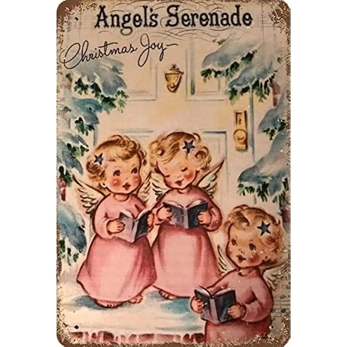 

Angel Serenade Vintage Image Old Christmas Plaid Metal Tin Sign Suitable for Restaurant Cafe Bar Garage Room Wall Decoration