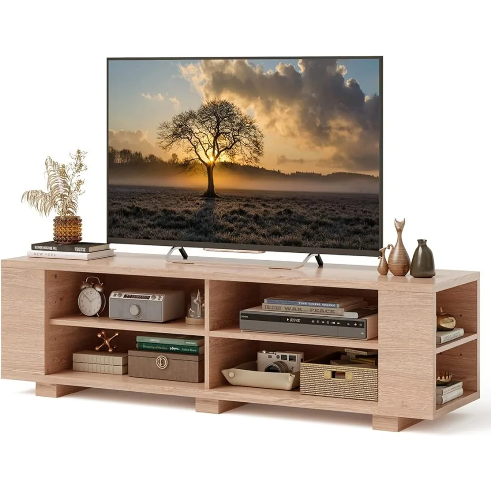 

Wood TV Stand for TVs up to 65 Inch Flat Screen, Modern Entertainment Center with 8 Open Shelves, Farmhouse TV Storage Cabinet
