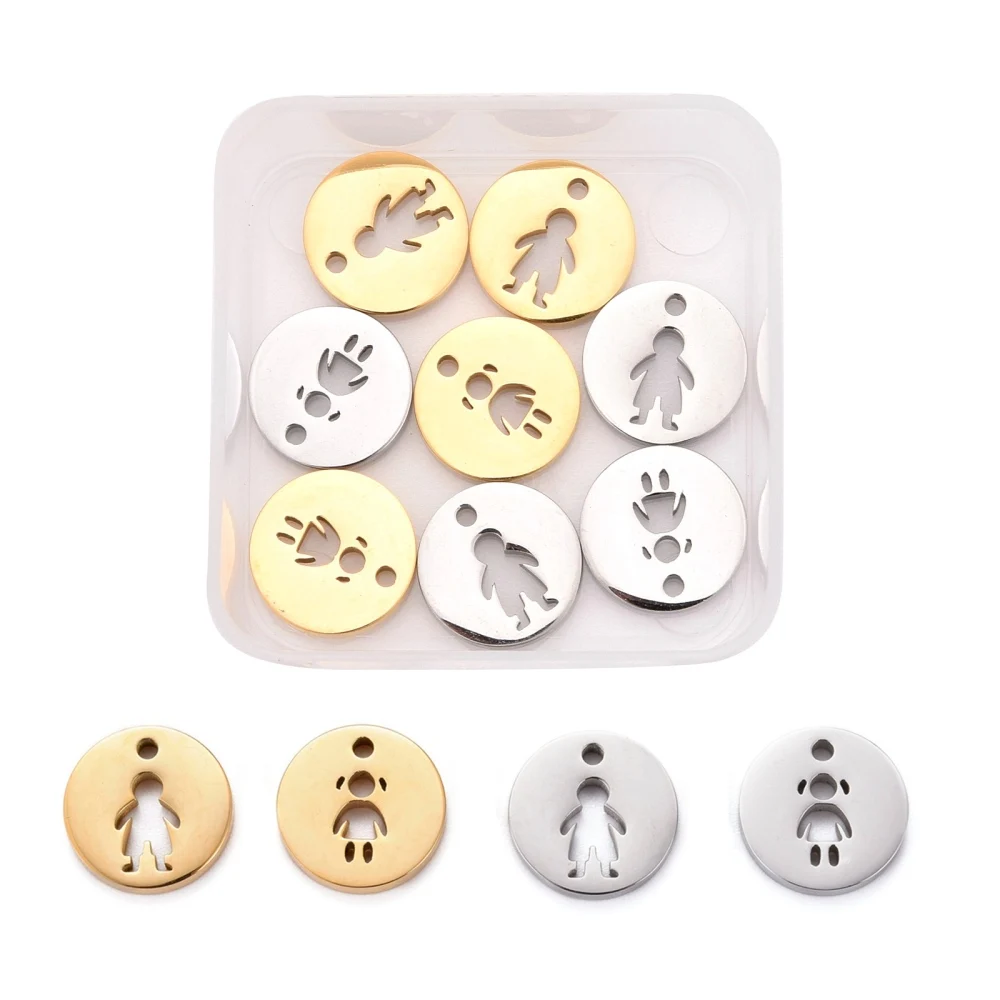 8pcs/Box 304 Stainless Steel Flat Round Charms with Hollow Girl & Boy Mix Color Pendant for bracelet necklace jewelry DIY making 
8pcs/Box 304 Stainless Steel Flat Round Charms with Hollow Girl & Boy Mix Color Pendant for bracelet necklace jewelry DIY making