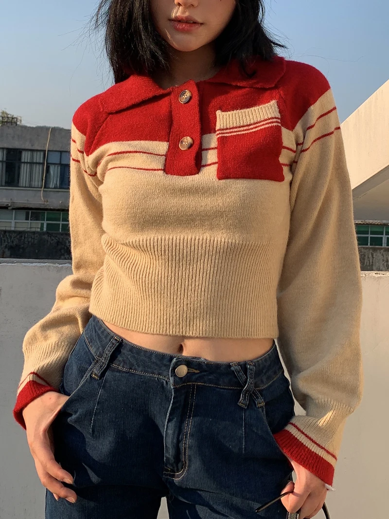 Vintage Contrast Long Sleeve Sweater for Women Polo Collar Cropped Knit Pullover Top Street Club
Vintage Contrast Long Sleeve Sweater for Women Polo Collar Cropped Knit Pullover Top Street Club