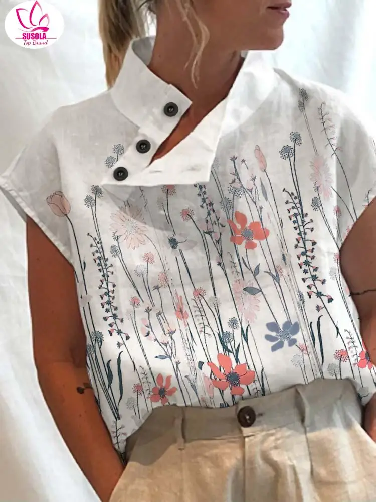 

SUSOLA Leisure Summer Blouse Women Tops Vintage Floral Print Short Sleeve White Blouses Casual Buttons Slit Stand Neck Blusas