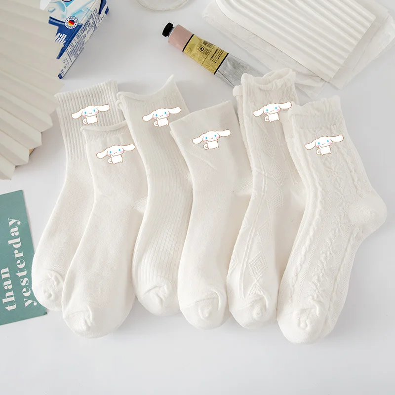 

Милые носки Sanrio Cinnamoroll с мультяшным рисунком, белые носки Jk, осенние и зимние носки, кружевные носки