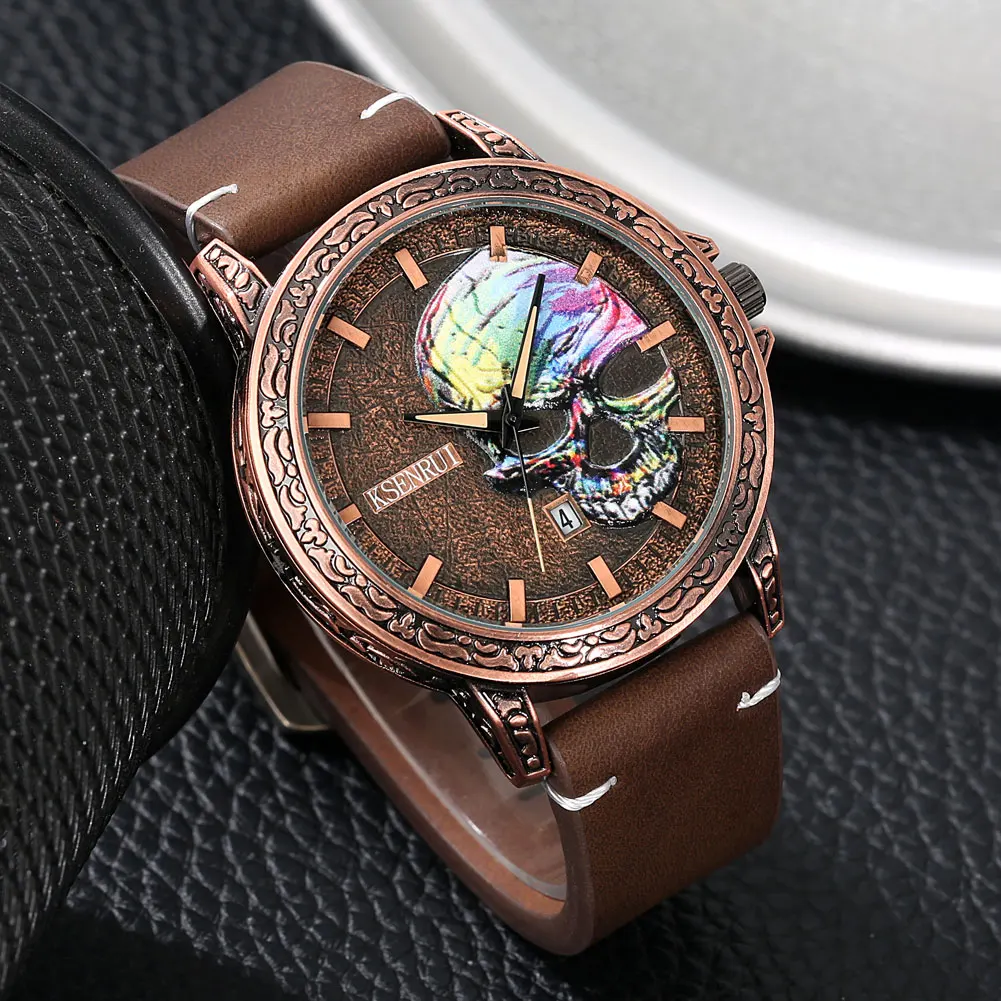 New Fashion Men Quartz Watch Leather Strap Vintage Relief Color Skull Headband Calendar Wristwatch Birthday Gift for Boyfriend
New Fashion Men Quartz Watch Leather Strap Vintage Relief Color Skull Headband Calendar Wristwatch Birthday Gift for Boyfriend