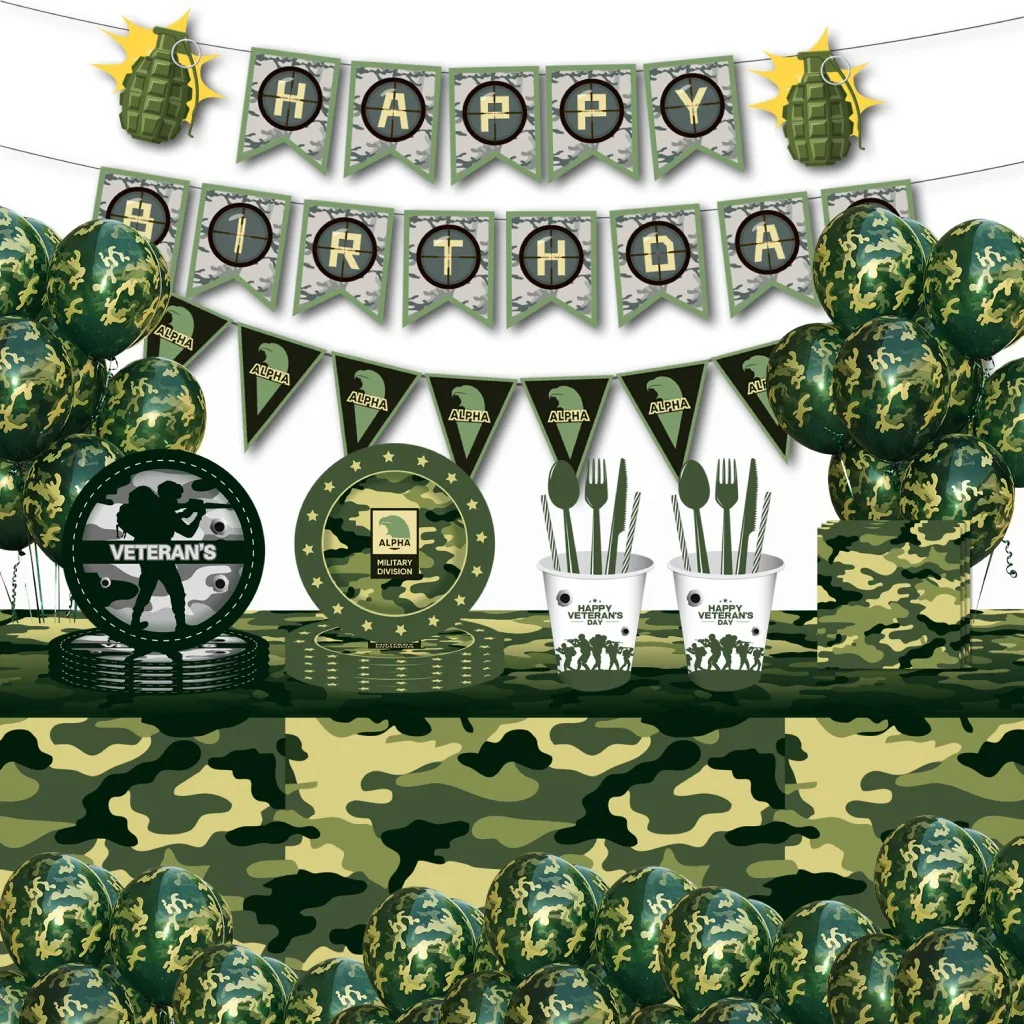 Camo Party Tableware Supplies Paper Plates Cups Napkins Military Birthday Decor Banner Camouflage Latex Ballons Army Cake Topper 
Camo Party Tableware Supplies Paper Plates Cups Napkins Military Birthday Decor Banner Camouflage Latex Ballons Army Cake Topper