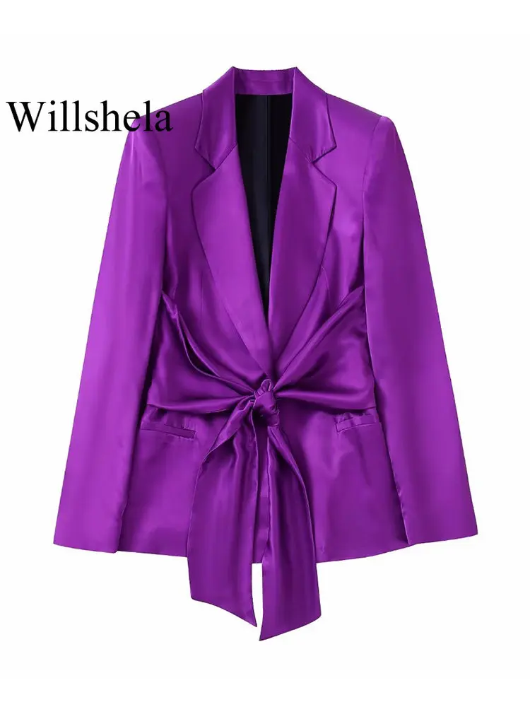 

Willshela Women Fashion With Pockets Silk Solid Bowed Blazer Vintage Long Sleeves Notched Neck Female Chic Lady Outfits