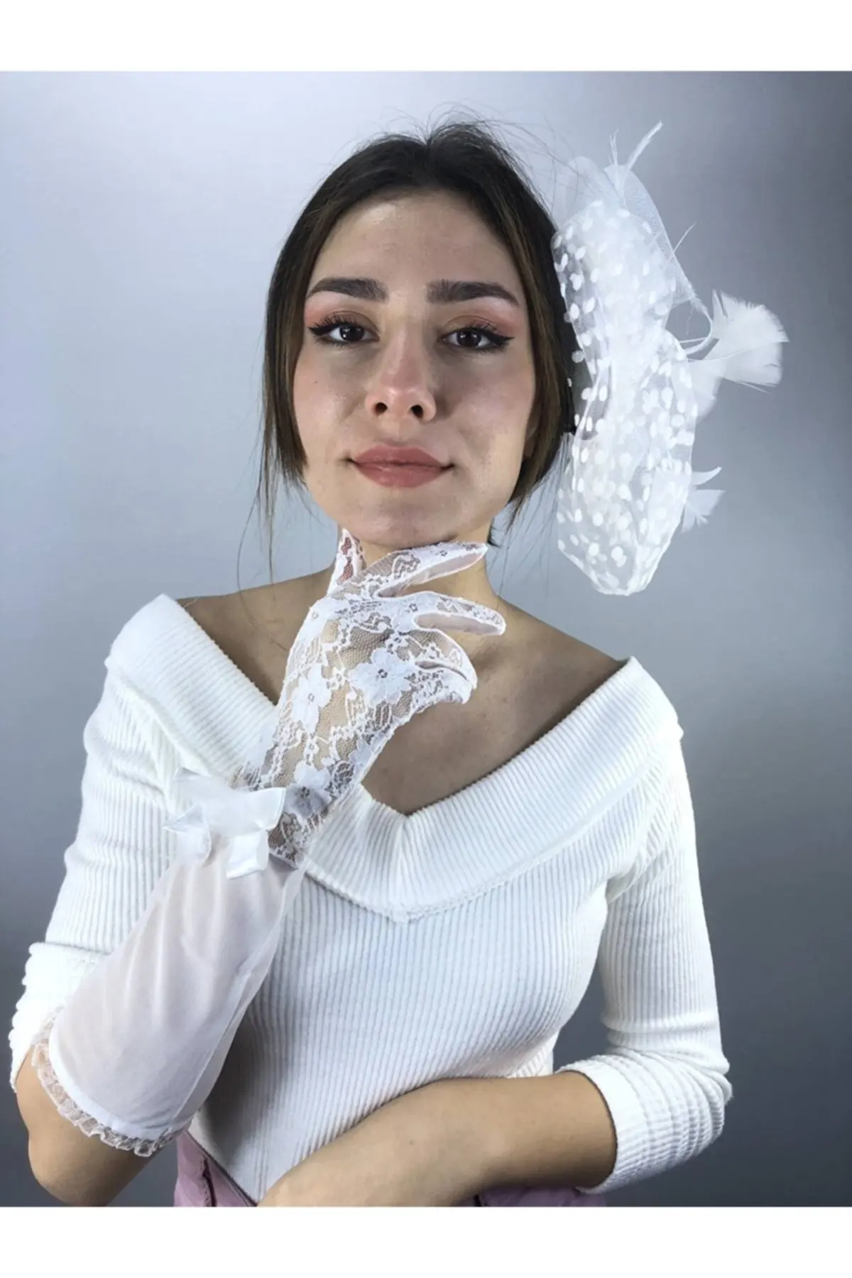 

White Long Ruched Bridal Gloves And Vualet Set Lace Mesh Bridal Transparent Elegant Fishnet Silk Tulle Guipure