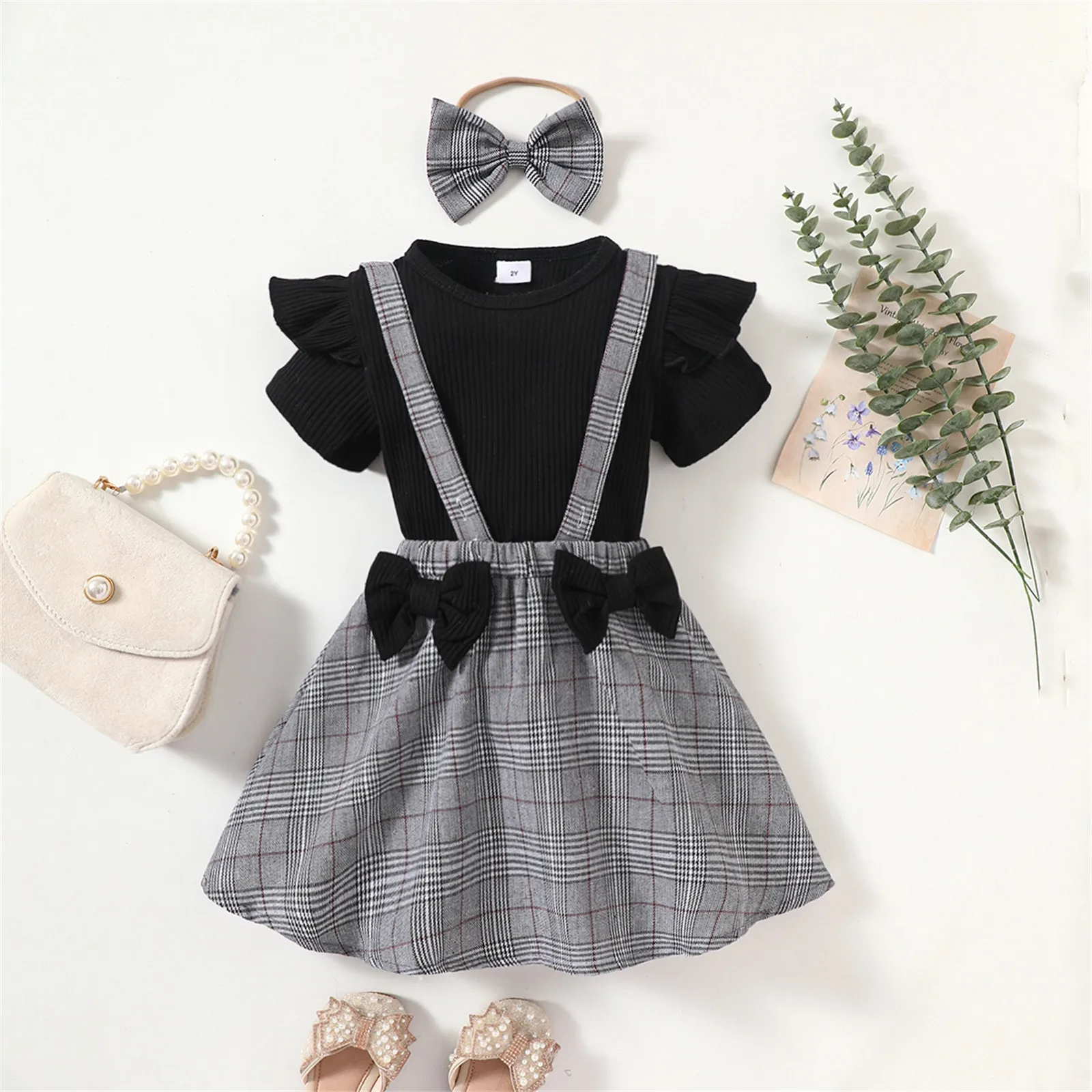 

1-6Y Fashion Kids Girls Clothes Sets Short Fly Sleeve Solid Ribbed T Shirts+Suspender Plaid Skirts Headband 3 Pcs Kids Clothes