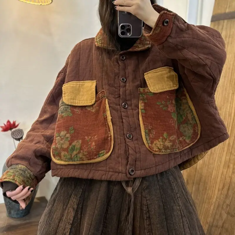 Winter Thickening Vintage Collision Color Stitching Printed Pockets Long Sleeve Padded Cotton Casual Female Parkas
Winter Thickening Vintage Collision Color Stitching Printed Pockets Long Sleeve Padded Cotton Casual Female Parkas