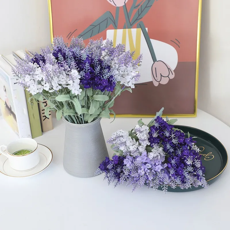 

10 Heads Romantic Lavender Silk Artificial Flowers Purple Bouquet Plastic Fake Flower White for Home Wedding Decoration