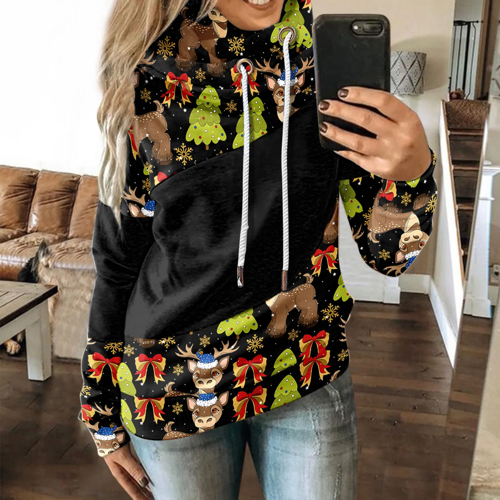 Tunic Length Jackets Women Christmas Print Contrast Splice Long Sleeve Hoodie Sweatshirt Strap Tops Outdoor
Tunic Length Jackets Women Christmas Print Contrast Splice Long Sleeve Hoodie Sweatshirt Strap Tops Outdoor