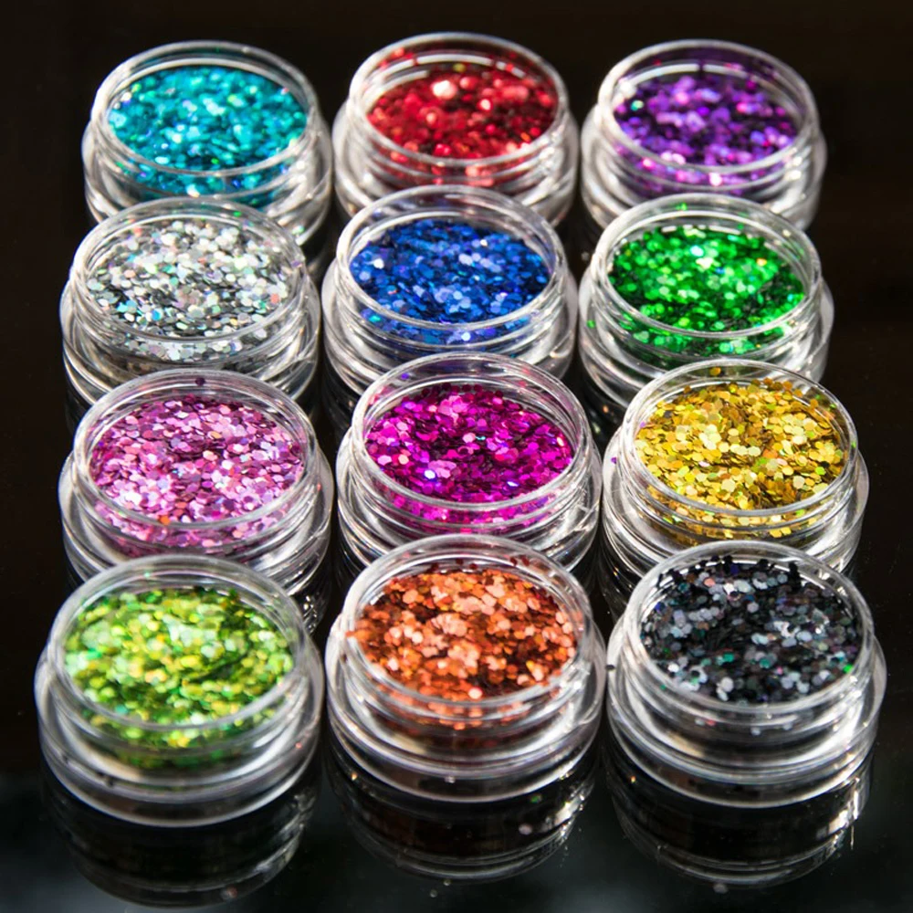 

2.5g*12 Jars=set Holographic Nail Art Paillette Hexagon, 1mm Hexagon Spangle Sequins Sparkle Nail Glitter Flakes Paillette#PB02