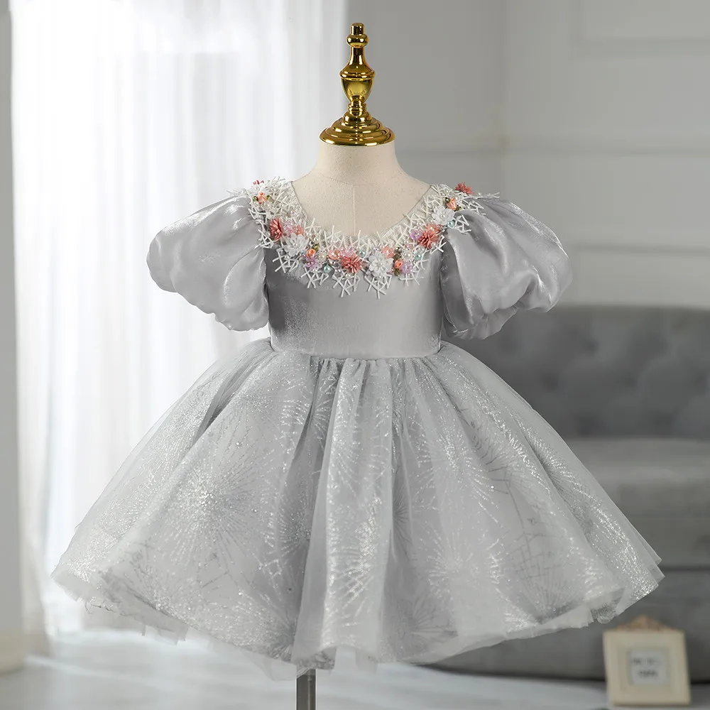 

2023 Princess Party Dress For Baby Girls Elegant Kids Sequined Flower Plain Ball Gowns Children Christening Baptism Dresses