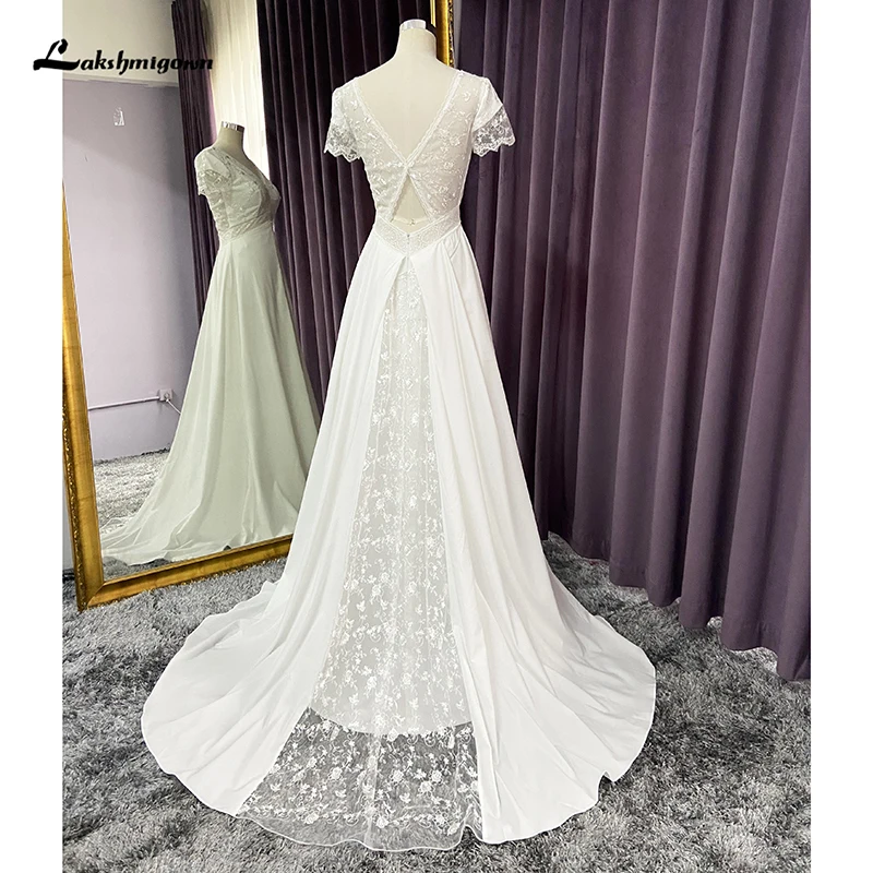 

Элегантное кружевное платье-трапеция с V-образным вырезом и аппликацией, свадебное платье 2022, шифоновое свадебное платье до пола с коротким ...